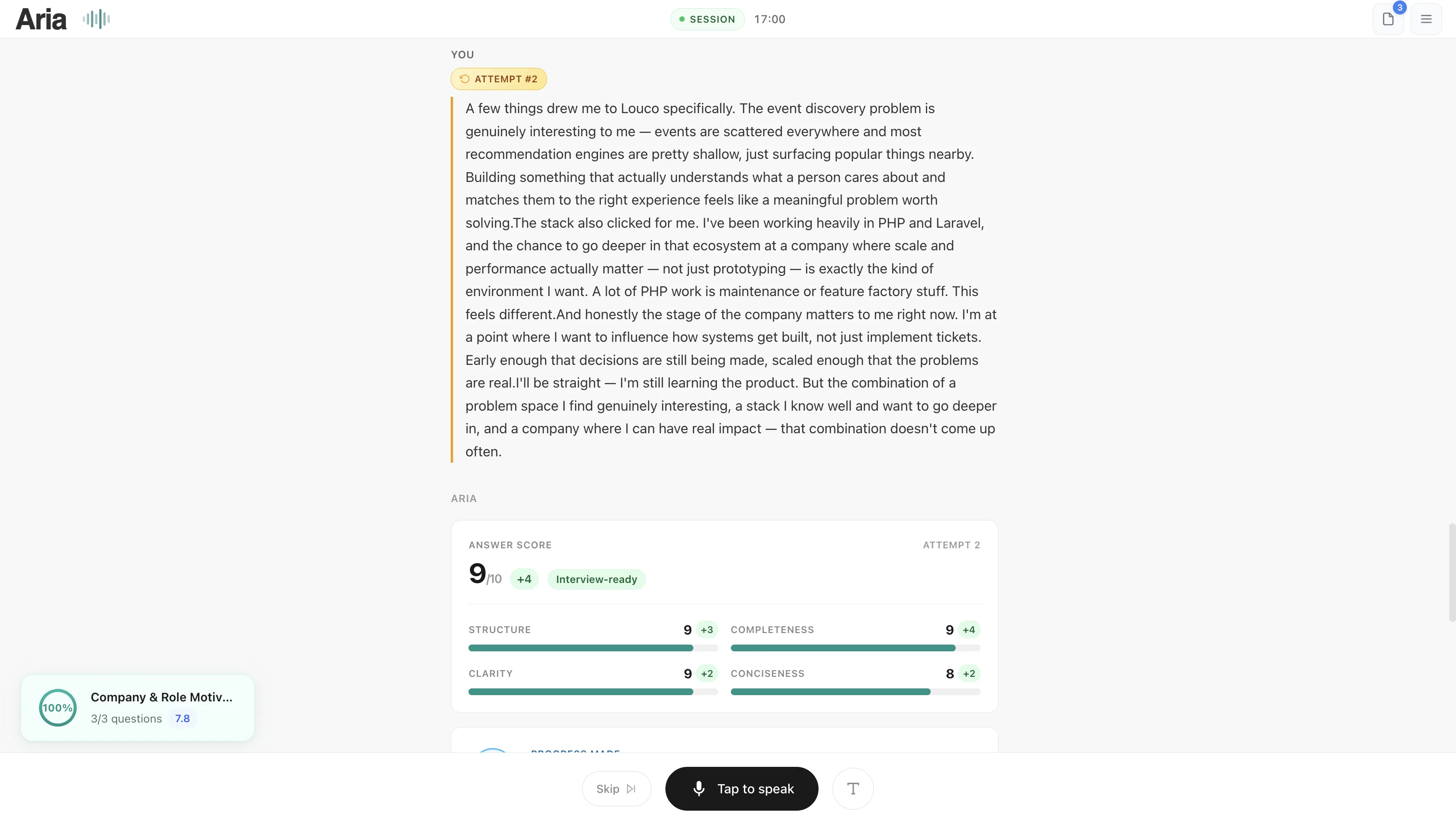 Attempt 2: score jumped from 5 to 9 with +4 improvement across all dimensions