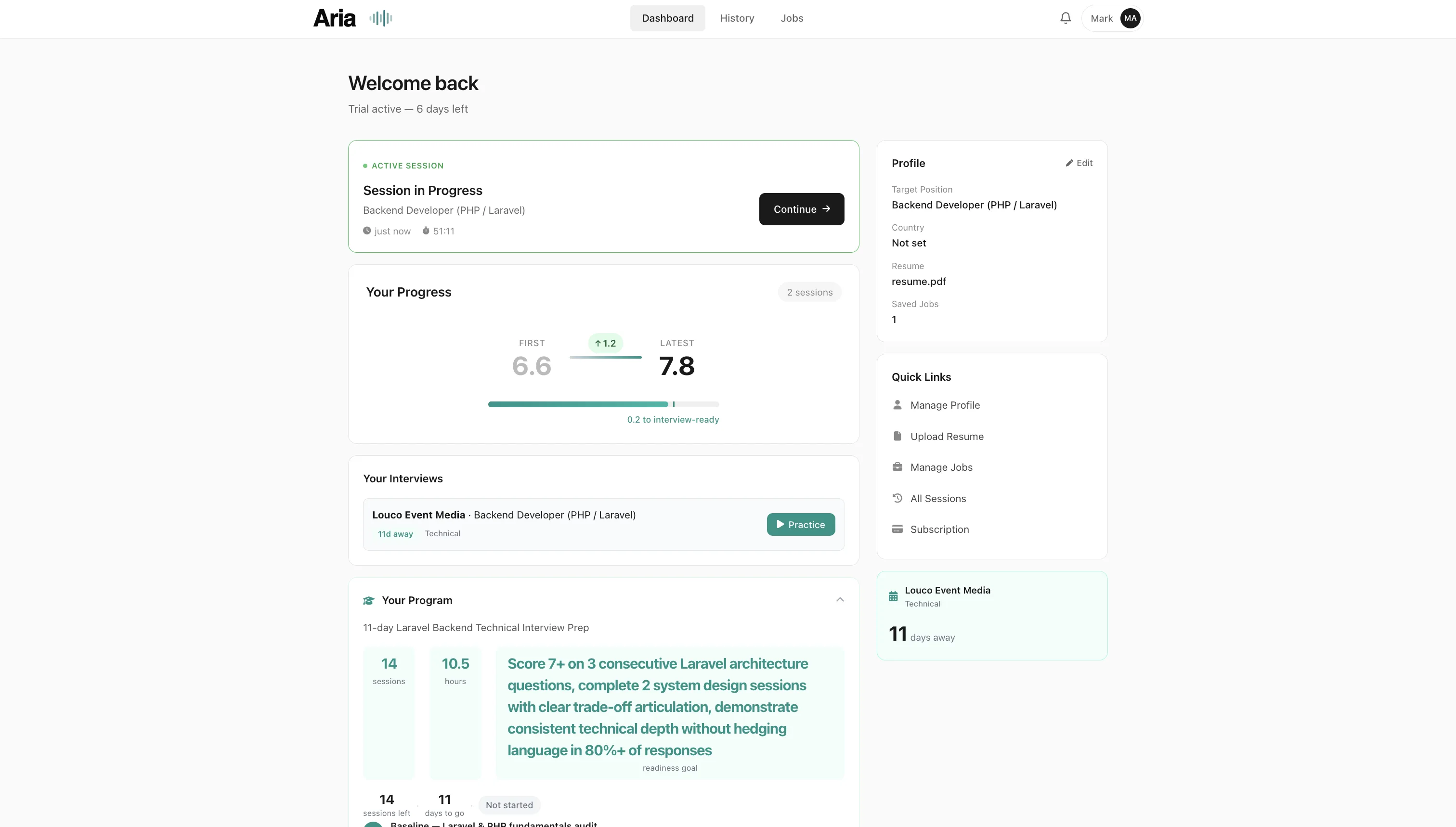 Aria dashboard with active session, progress tracking, and prep program