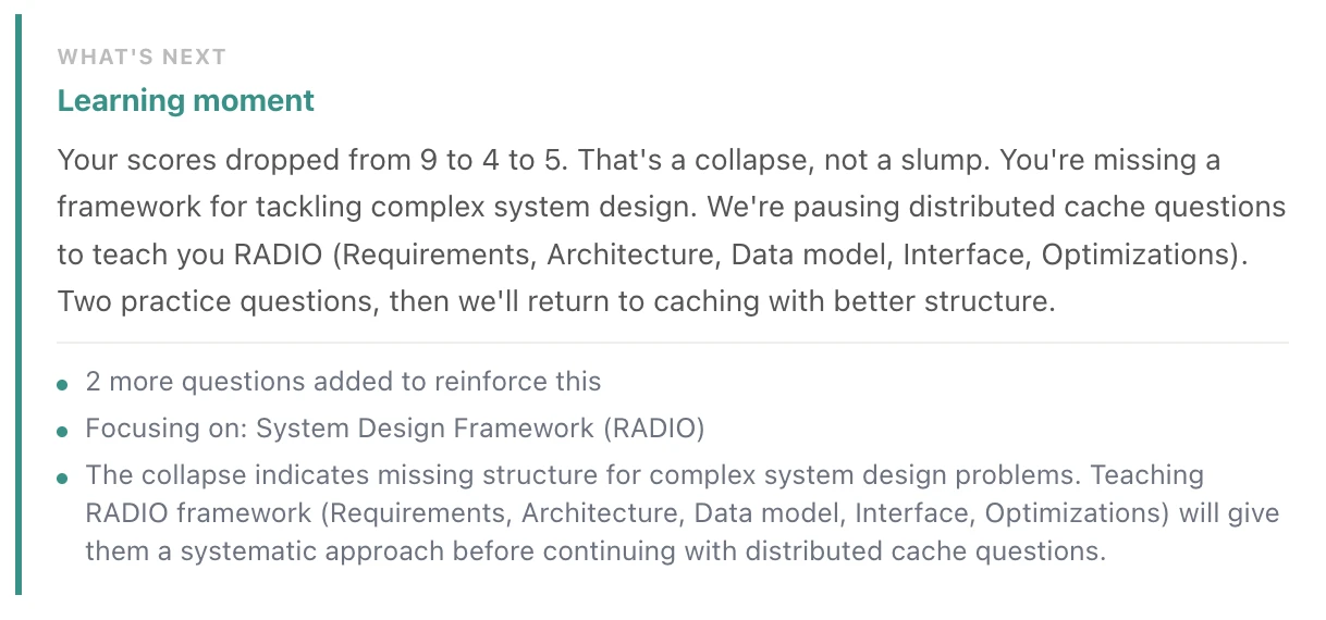 Learning moment: scores dropped, Aria diagnoses missing framework and restructures the plan