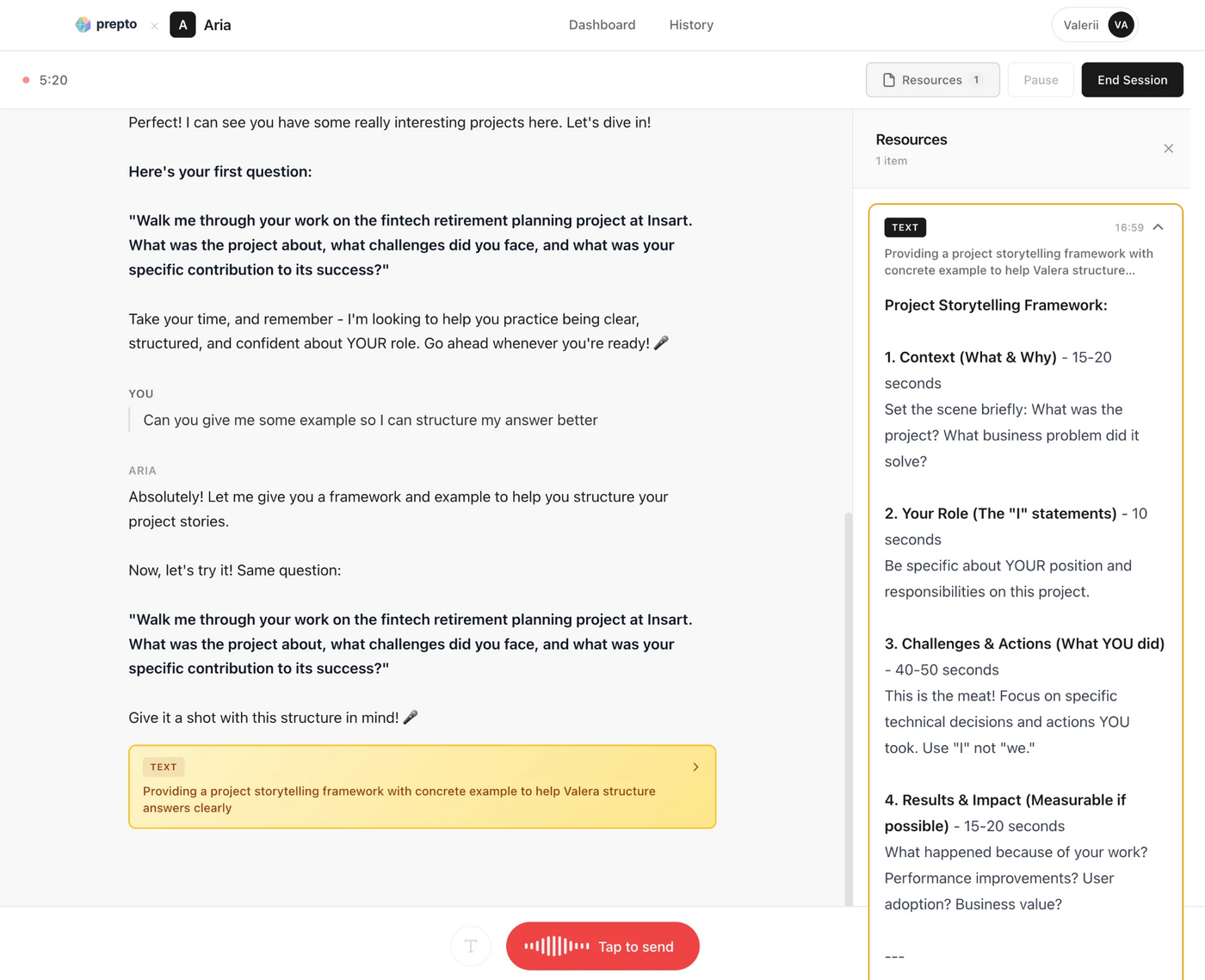 Aria coaching session showing personalized interview questions, real-time feedback, and voice input