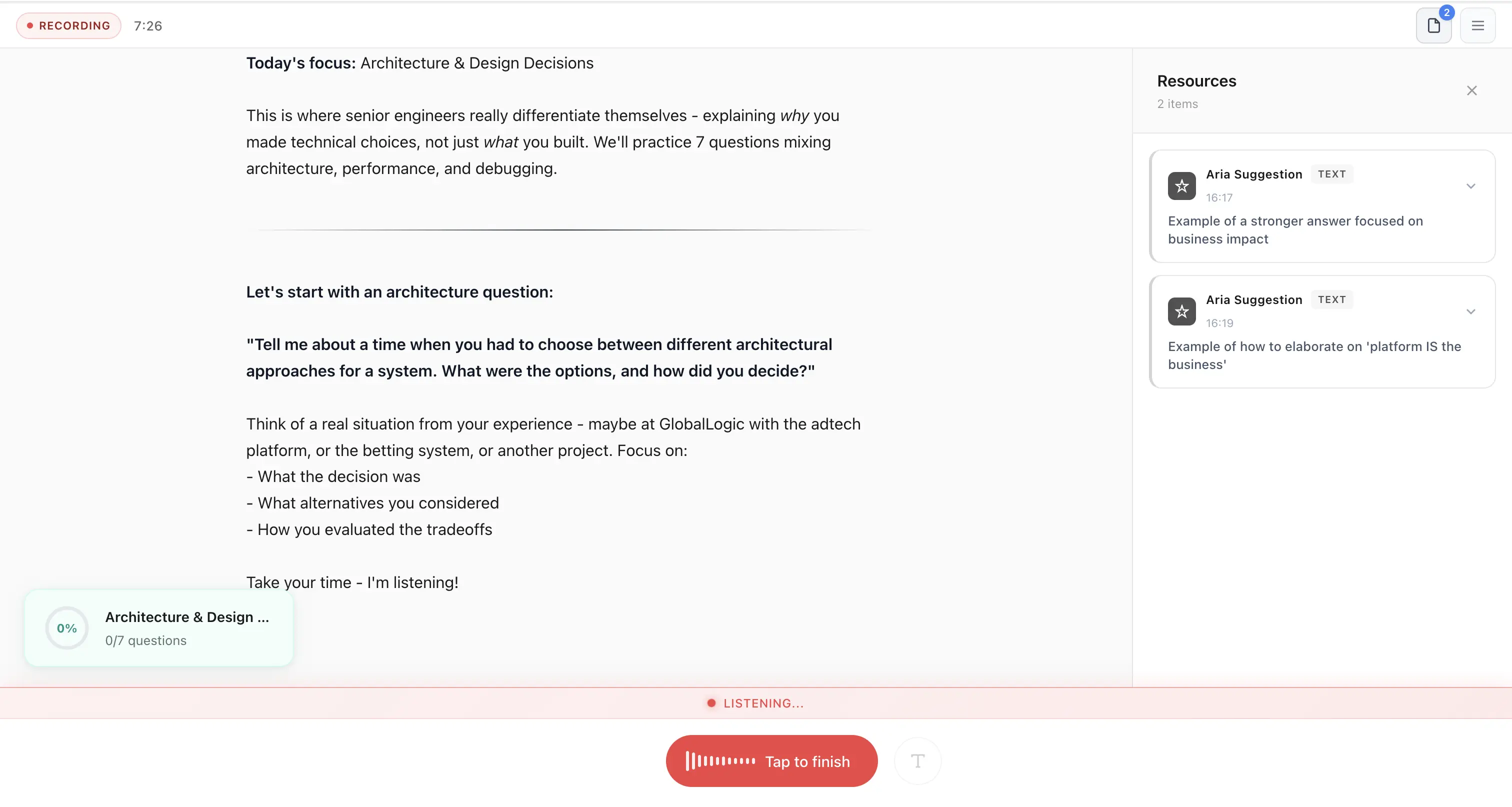 Aria recording UI with waveform