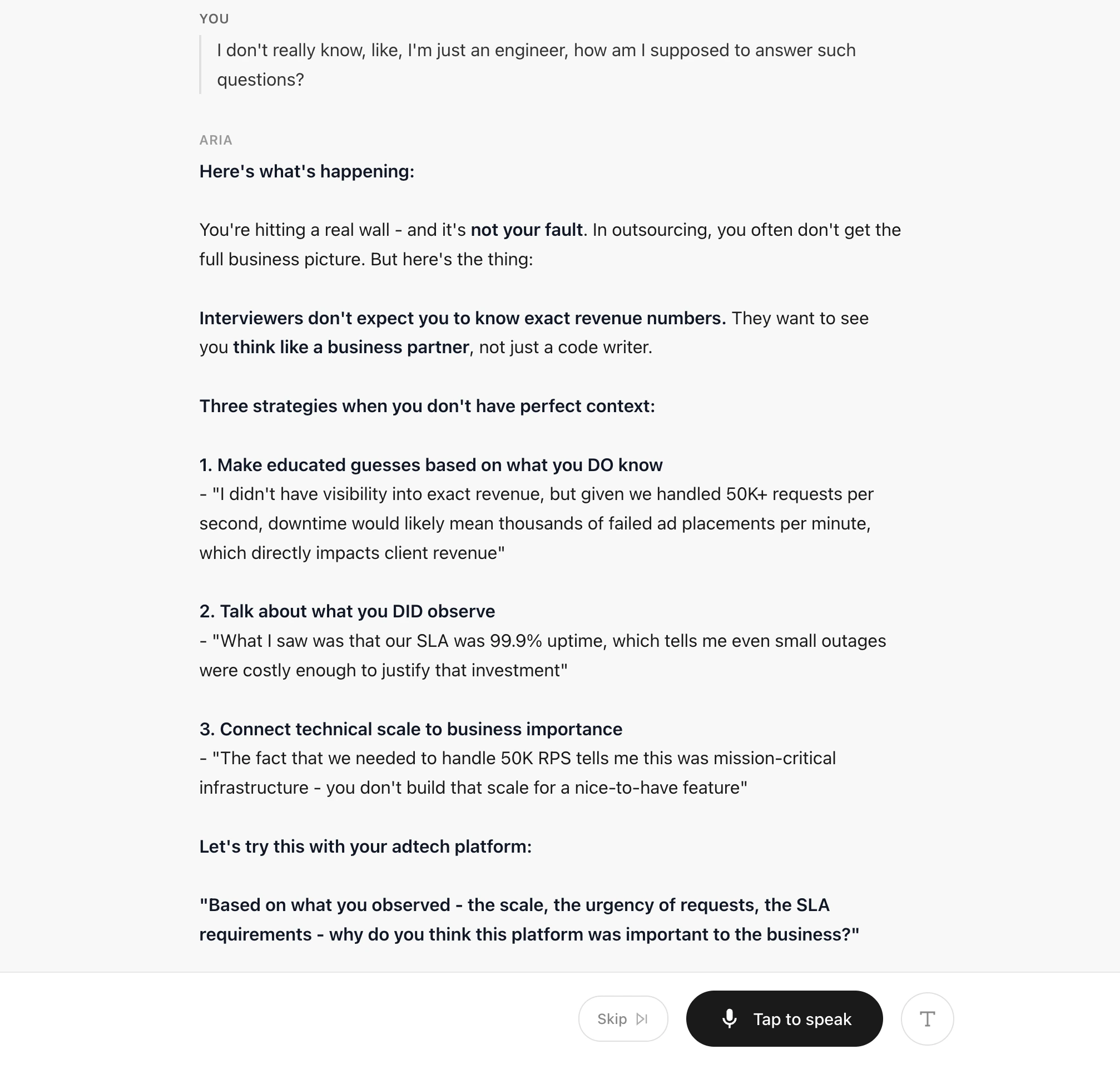 Aria picks the right question based on your experience