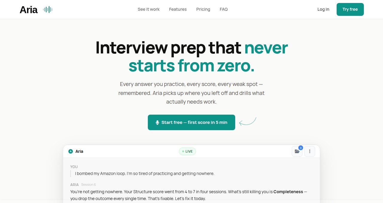 Aria by Prepto landing page
